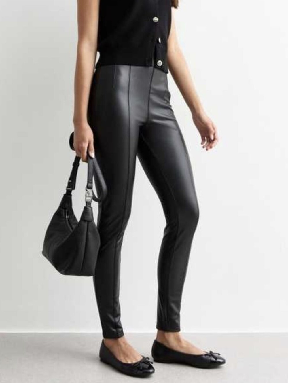 NWT J.Jill Black Faux Leather Pull On Skinny Slim Pants, Middle Seam, Size Large